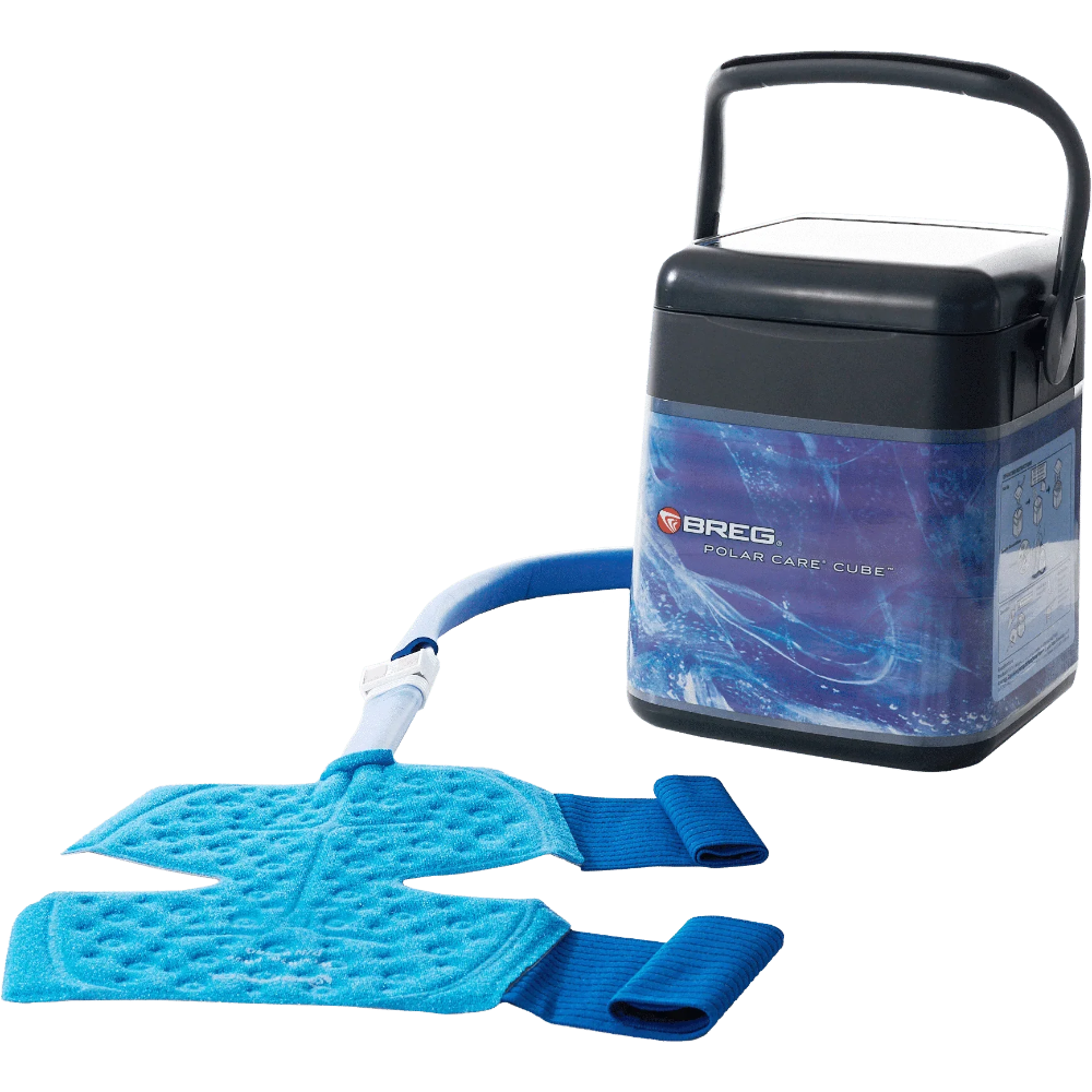 BREG Polar Care Cube with blue straps on a white background
