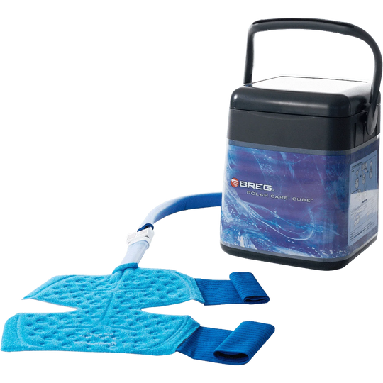 BREG Polar Care Cube with blue straps on a white background